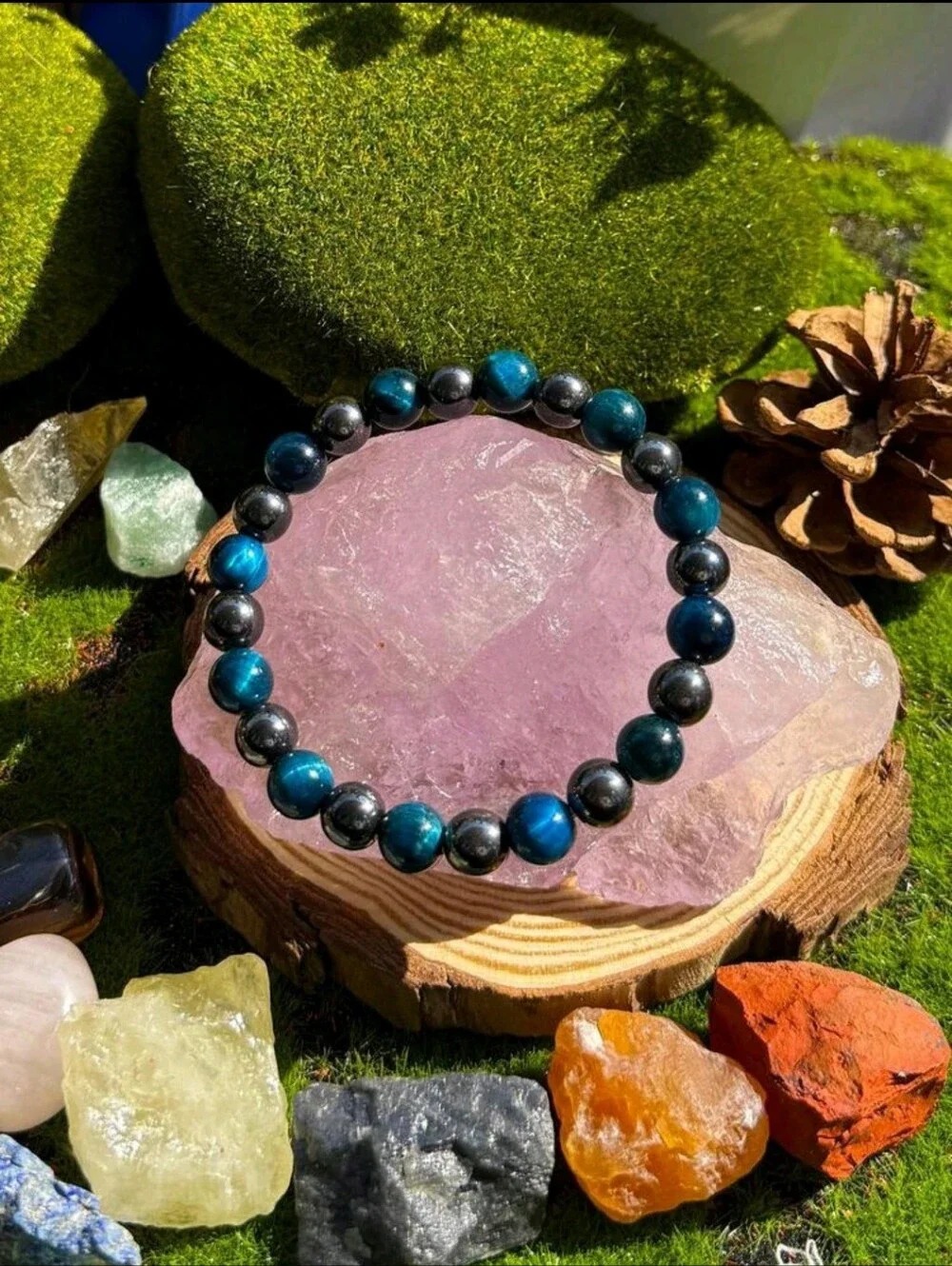 8mm Blue Tiger Eye & Hematite Beaded Bracelet For Men & Women, Daily Wear To